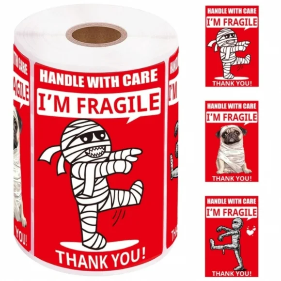 Fragile Labels - Funny Mummy & Dog - 50 count - 3" x 2" - Red Black White - Picture 2 of 3